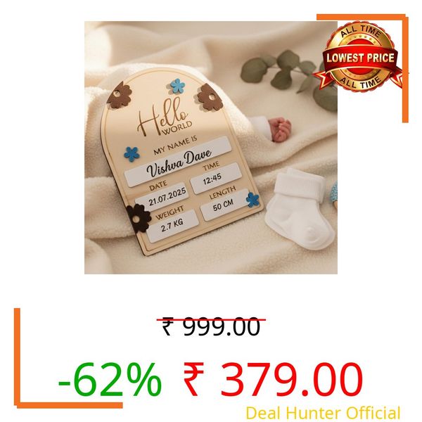 LASER ART Hello World Birth Announcement Wooden Plaque with Stand - Newborn Baby Milestone Name Sign for Hospital Photo Prop - MDF Birth Stats Board for Nursery Decor, Baby Shower Gift for New Parents, Scalloped Design with Acrylic Flowers