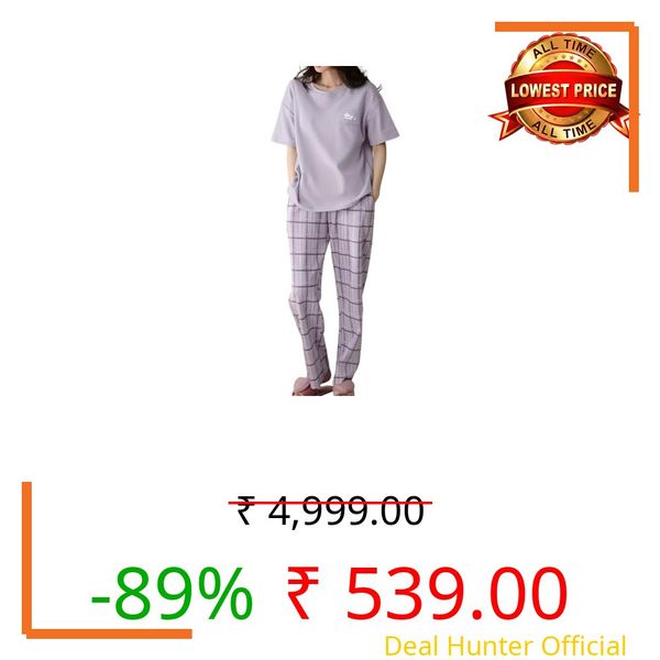 SHIENZY Women Korean Style Night Suit | Round Neck Short Sleeve Cute Printed Cotton Pajama Set for Girls & Women | Soft Nightwear, Lounge Wear, Sleepwear for Women | Co-ord Set(New-1695_LVNDR_M)