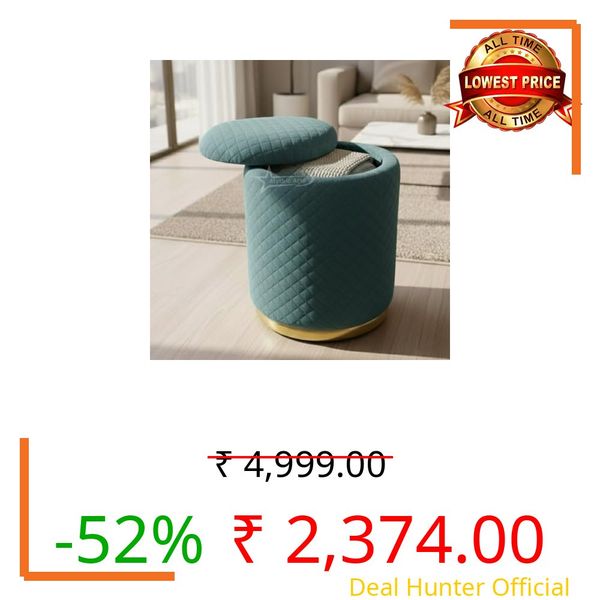 Mythic Arts Premium Round Storage Ottoman Stool 16 X 16X 19 inch, with Gold Metal Base | Luxury Pouffe with Hidden Storage | Cushioned Footrest for Living Room, Bedroom & Lounge Aqua