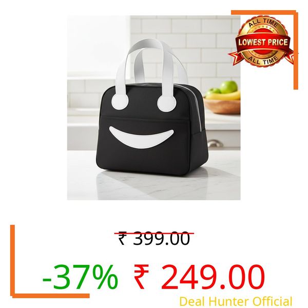 CILOX Insulated Lunch Bag with Smile Design, Black with White Handles, Compact Meal Tote
