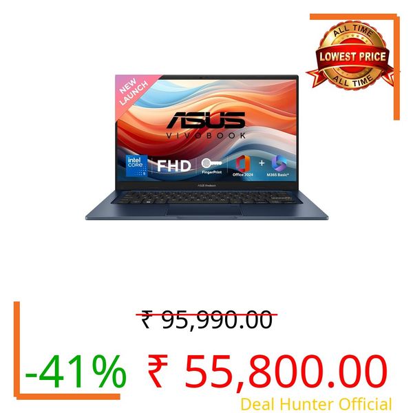 ASUS Vivobook 14, (i5 14th Gen) Intel Core 5 120U, Thin & Light Laptop(16GB RAM/512GB SSD/FHD/14/60Hz/Fingerprint Reader/M365 Basic (1Year)*/Office Home 2024/Quiet Blue/1.4 Kg) X1404VAP-EB1542WS