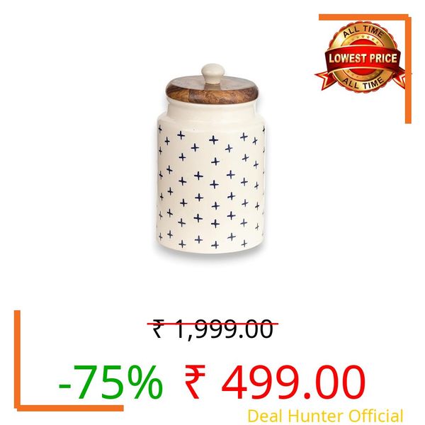 OCEAN STORE Airtight Ceramic Jar with Wooden Lid, 900ml, Cream, Square, Kitchen Container for Sugar, Tea, Salt, Pickles (Blue plus)