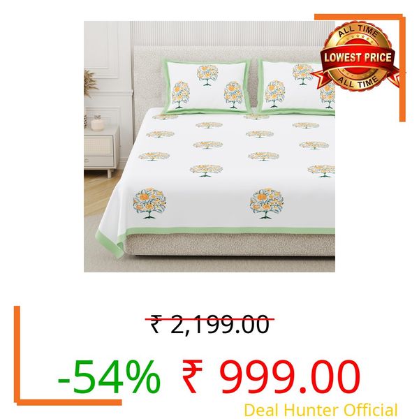 DE CAMA Since 1997 | 100% Cotton 300 TC Premium King Size Bedsheet for Double Bed (90 x 108 Inch) with 2 Pillow Covers Set (17 x 27 Inch) Designer Printed Bedsheet Set - Green
