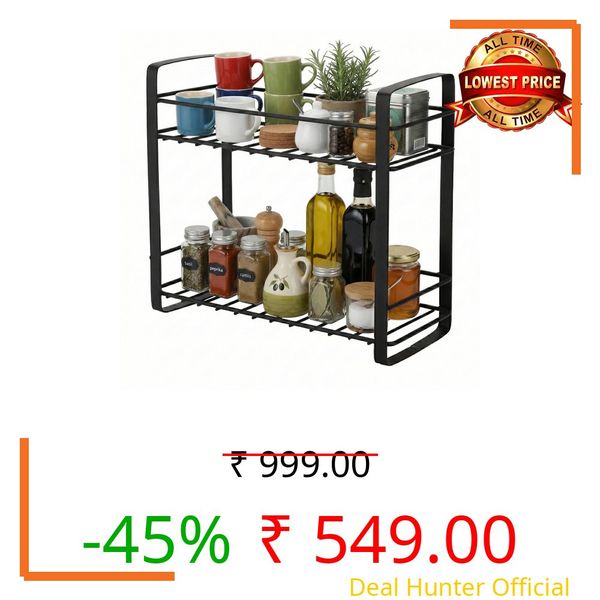 TechSrmaji 2 Tier Stainless Steel Kitchen Rack | Multipurpose Storage Shelf for Kitchen & Bathroom | Rust Proof Dish Rack, Spice Organizer, Bathroom Shelf (Black)