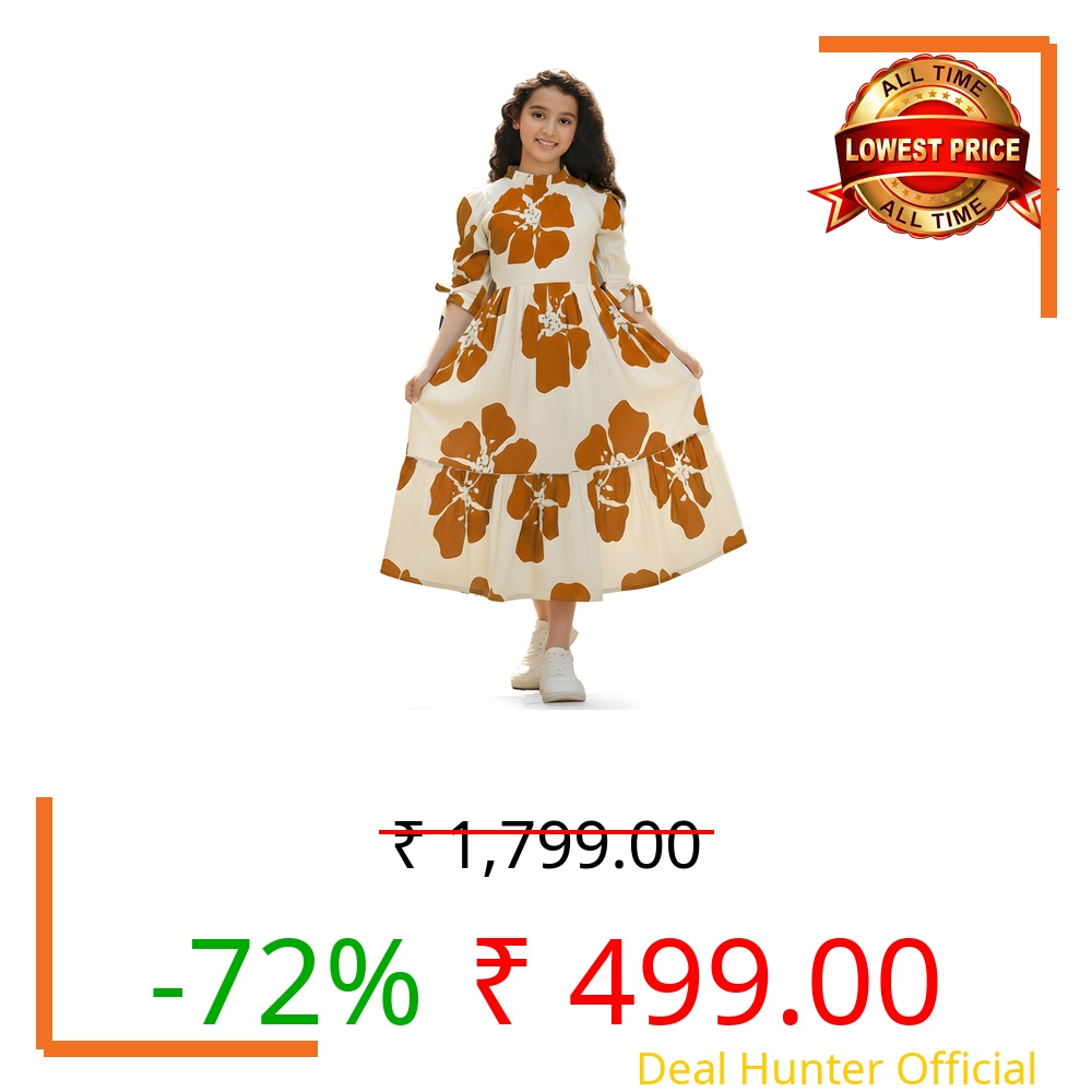 Fashion Dream Girl's Rayon Printed Calf Lenght Dress|Girls Dress|Western Dress|One Piece Dress (FDGFRK00488 RST 28_Rust_7-8 Years)
