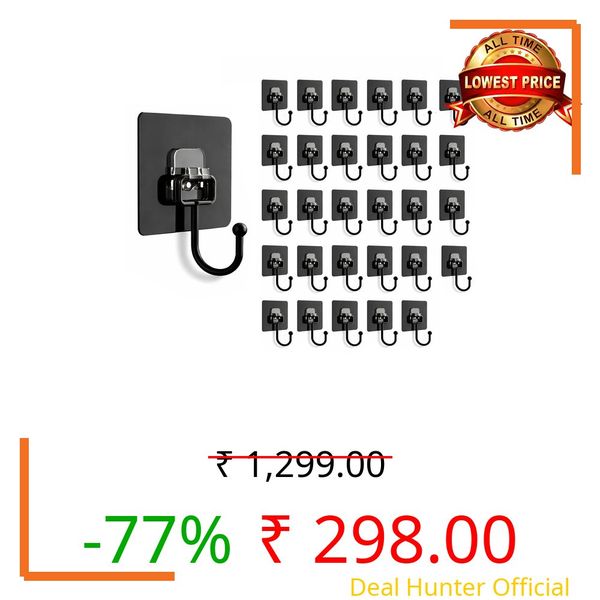 BRAND VILLA Black Adhesive Wall Hooks Pack of 30 – Heavy Duty No Drill Sticky Hooks for Bathroom, Kitchen & Door – Waterproof Stainless Steel Towel & Coat Holder – Strong Self Adhesive Hooks