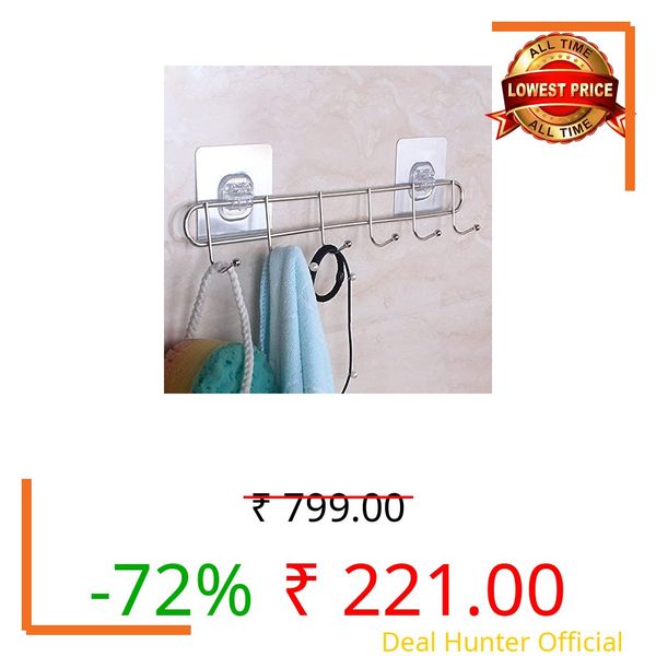LYSIREN Door Hangers for Clothes, Hanger for Wall – Stainless Steel Bathroom Wall Hook with 6 Hooks, Self Adhesive Magic Sticker Door & Wall Hanger for Towel, Kitchen & Clothes, 5 Kg Capacity, Silver