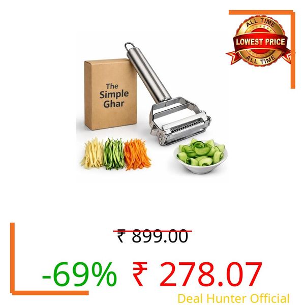 THE SIMPLE GHAR 2-in-1 Stainless Steel Vegetable Peeler & Julienne Cutter Multi-Functional Fruit & Veggie Shredder Kitchen Slicer Grater Potato Carrot Shredder (Silver, 18 x 8.2 x 2.4 cm)