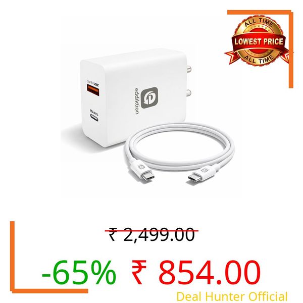 EDDIKTION Original 65W Fast Charger Adapter with USB C Cable | Dual Port USB A + Type C PD 3.0 Supports SuperVOOC Fast Charging | Compatible with iPhones, Laptop, Samsung & More Androids | White