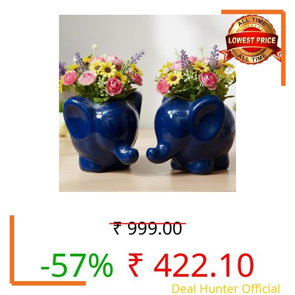 HANDECORA High-Gloss Ceramic Elephant Flower Pot (Set of 2, Blue) | Decorative Succulent Planter & Indoor Vase for Home Decor, Office Desk, and Gifting | Cute Animal Shaped Plant Container