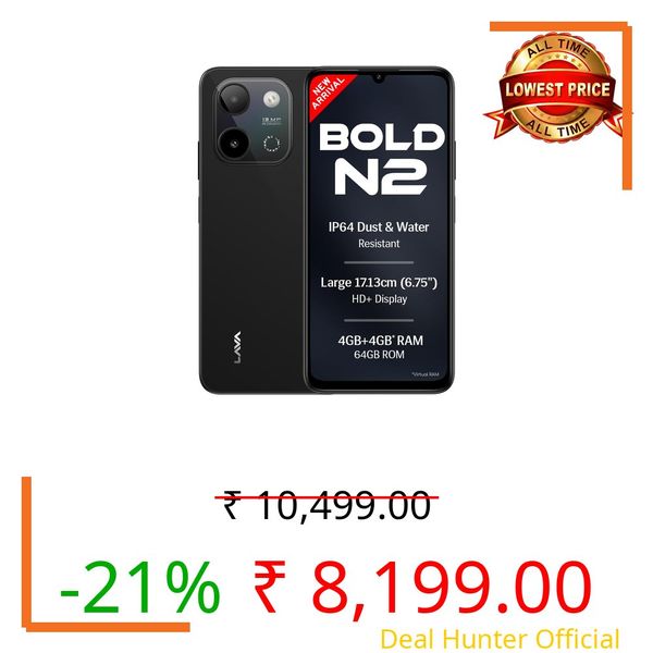Lava Bold N2 (Indus Black, 4 GB RAM, 64 GB Storage) | 13MP AI Dual Rear Camera | Largest 6.75" HD+ Display | 5000 mAh Battery & 10W Charging | IP64 Water & Dust Proof | Charger & Phone-Case in Box