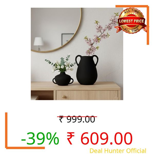 Matte Ceramic Vase Set, 2 Pieces, Double Handle Design, Home Decor Modern Minimalist Home Decor, Small Medium Sizes Decorative Vases, Assorted Shapes (Black)