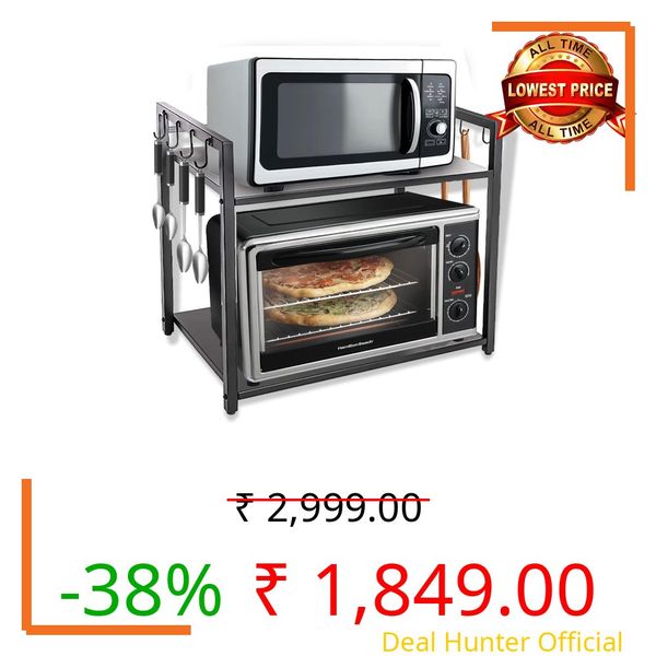 REMANENCE 2 Tier Metal Microwave Stand || Microwave & OTG Stand for Kitchen Counter|| Double Platform for Extra Storage with Hooks|| Kitchen Oven Rack