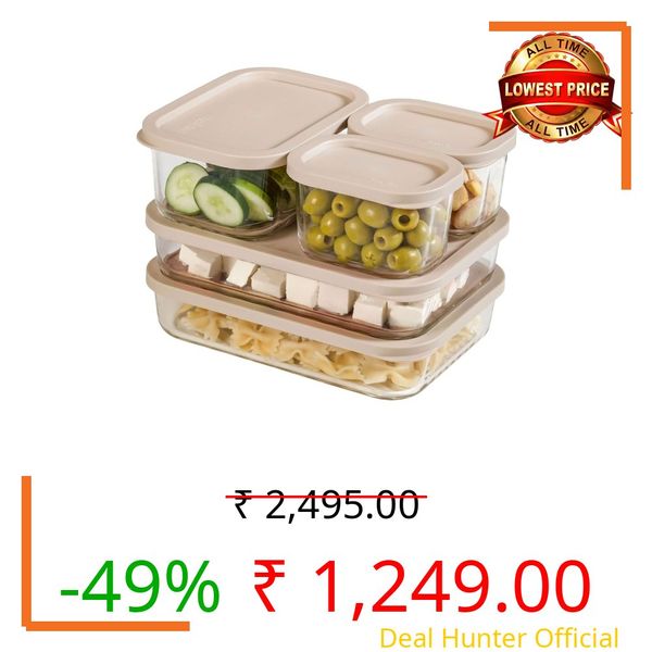 Nestasia Groovo Glass Containers for Fridge Storage Set of 5 (310ml x 2, 750ml x1, 1200ml x 2) - Transparent Stackable Glass Container with Lid, Microwave & Dishwasher Safe Containers (Beige)
