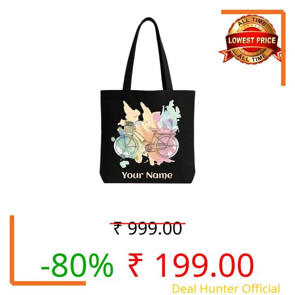 Aaxu Personalized Name Black Tote Bag | Custom Bicycle Watercolor Design Shoulder Bag | Reusable Eco-Friendly Shopping & Travel Bag | for Women