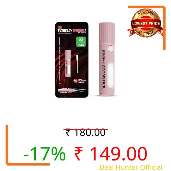 Eveready DL105 Zoomstick 1W Front Torch Cum 1W Sidelight, Rechargeable, USB Type-C Fast Charging, Variable Focus, Replaceable Li-ion Battery