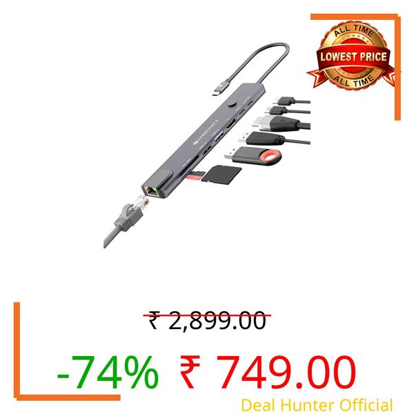 Zebronics 8-in-1 Type-C Multiport Hub, 100W PD Support, 5Gbps Data Transfer, HDMI 1.4 (4K@30Hz) with On/Off Button, USB, SD, mSD, RJ45, Metal Body, LED Display (CT81 Plus)