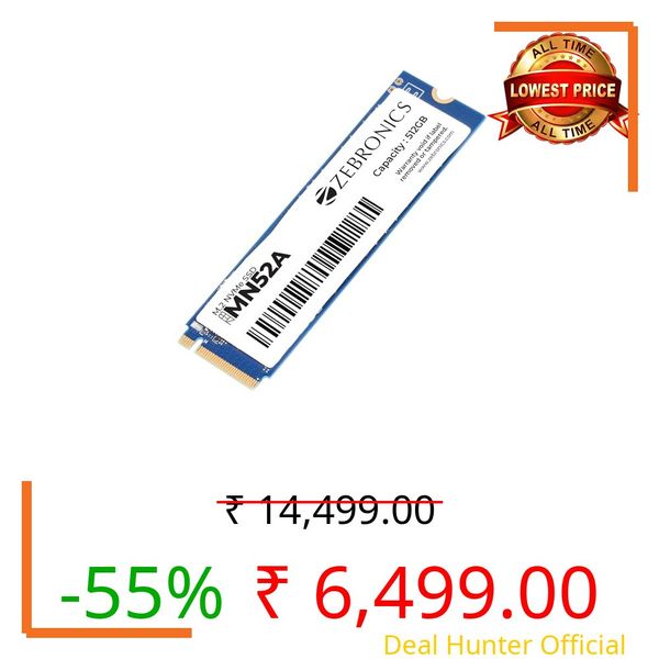 ZEBRONICS 512GB M.2 NVMe SSD, 2280 Form Factor, 2200MB/s Read & 1600MB/s Write, Faster Than SATA SSD, High Performance Storage, Low Power Consumption, Silent Operation, S.M.A.R.T Support (MN52A)