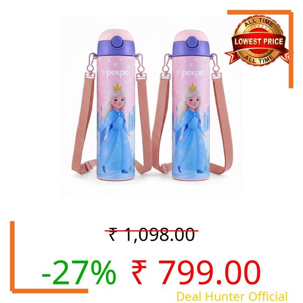 PEXPO Sporty ISI Certified Stainless Steel Water Bottle For School Kids - 700ml (Pack Of 2) | 6+ Years | Sipper Cap | Leakproof & BPA Free | Picnic, Travel, Sport - Pink Frozen Doll UV Print