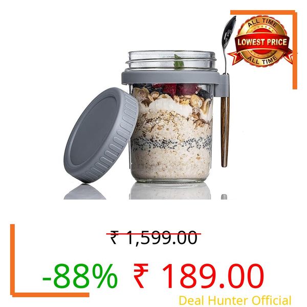 MEELANA Overnight Oats Containers with Lids and Spoons 350 ml Glass Mason Jars for Overnight Oats Leak Proof Oatmeal Container Great for Cereal Fruit Vegetable Milk Salad Yugart (Multicolor) (1)