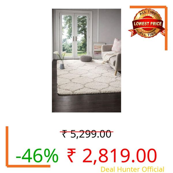 DEZORA Polyester Fluffy Fur Rugs & Modern Shaggy Floor Carpets for Living Room,Sofa Area,Hall,Kids Room,Guest Room | Elegent Bedside Runners for Besdroom(4X6 Feet Ivory Mandir
