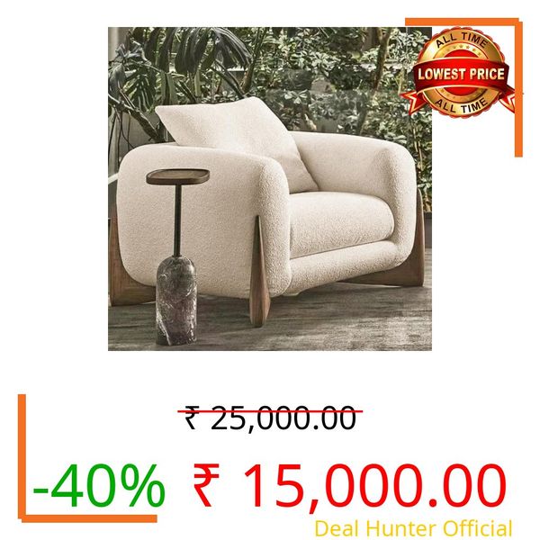 Artistic Wood Modern Sofa Chesterfield Design with Stylish Wooden Legs Bouncy Teddy Fabric Off-White Finish Sofa for Living Room, Bedroom, Hallways (1 Seater)