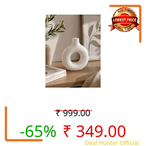 Divyakosh White Donut Vase for Home Decor | Modern Geometric Flower Vase' (VASE' ONLY) for Center Table, Home Decoration Items for Living Room, Aesthetic Home Décor | 9 Inch