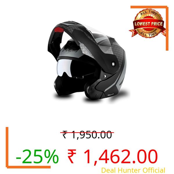 Crux Dual Visor Full Face Helmet with Checks Design Scratch-Resistant Visor-Dull Black Silver,M