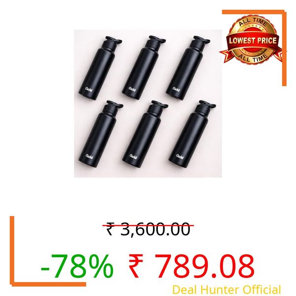 Clazkit Amaze Sporty Stainless Steel Black Matte Finish Water Bottle Set of 6 |ISI Certified Leakproof, Rust-Free, BPA-Free, Durable for Fridge, Sports, Gym, Yoga-1000ml