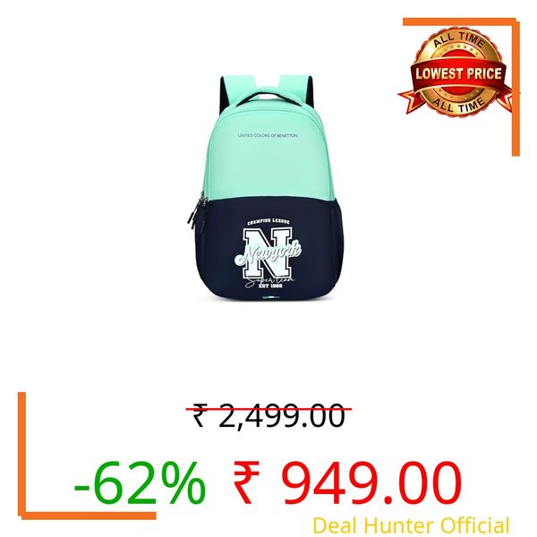 United Colors of Benetton Unisex High-School Backpack PETRO - Mint Green | Printed Daypack with 3 Compartments, Airmesh Padding | Backpack for School Girls and Boys | 28L Capacity