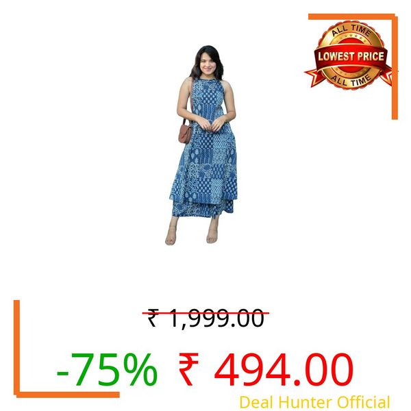 Klosia Women Pure Cotton Kurta Palazzo Set | Sleeveless Printed Kurta with Palazzo Pants | Summer Friendly, Office Wear Co-Ord Sets Blue