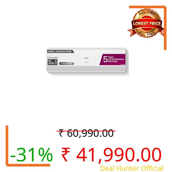 Godrej 2 Ton 3 Star AC,New star rated, 5-Year Comprehensive Warranty, AI Powered, 5-in-1 Convertible Cooling, I-Sense, Self Clean, Inverter Split AC, Copper Condenser (AC 2T EC HIC 24J3TS WA, White)