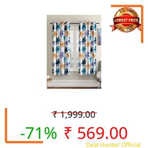 HUTI Polyester 5 Feet Blue Window Curtain Set of 2 | Semi Transparent Leaf Print | Light Filtering | Eyelet Curtains for Living Room & Bedroom 4x5 ft (120 x 150 cm) | Perfect for Home Decor