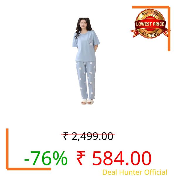 Louis Luxe Womens Korean Night Dress || Full Pyjama Set ||Korean Nightsuit || Women Nightwear ||Round Neck Full Sleeve Nightsuit || Loungewear || Everyday Nightdress (ND-10-SKY-4XL)