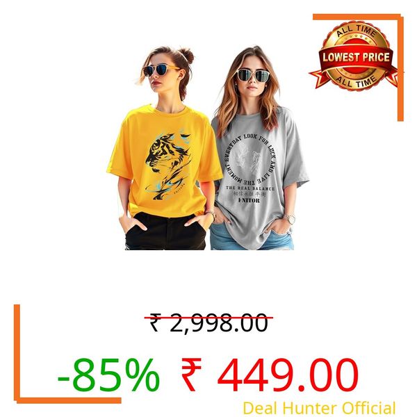 AUSK Oversized T-Shirt for Womens || Graphic Front Printed Loose fit Womens Tshirt (Pack of 2)