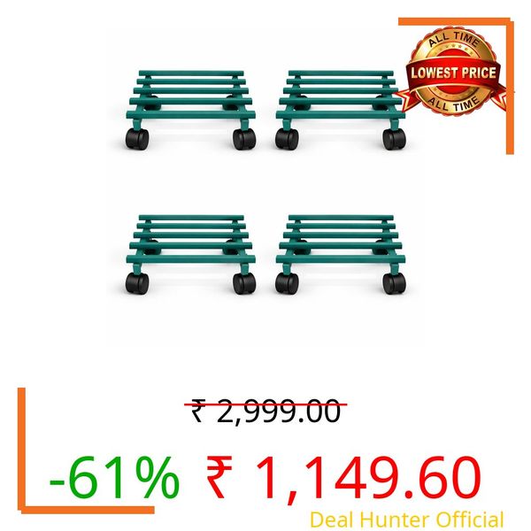DIVINE DECO™ Heavy Duty Metal Plant Caddy Dolly with 360° Rotating Wheels | Strong Plant Stand Trolley for Large Pots & Planters | Anti-Rust Black Finish | Load Capacity up to 40 KG | Indoor & Outdoor Use (GREEN, PACK OFF 4)