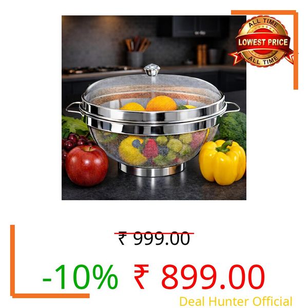 KITDOR Stainless Steel Fruit Basket with Lid (10 Inch) | Premium Rust-Proof Fruit & Vegetable Storage Basket | Mesh Cover for Insect Protection | Kitchen & Dining Table Organizer (Small Size)