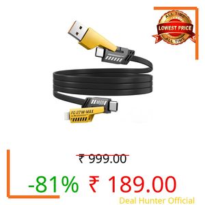 4 in 1 Braided Fast Charging Cable 65W | USB A + Type C to Type C, Lighting & Micro USB | PD Fast Charge Data Cable for iPhone, Samsung, One Plus, Android, iPad, Laptop