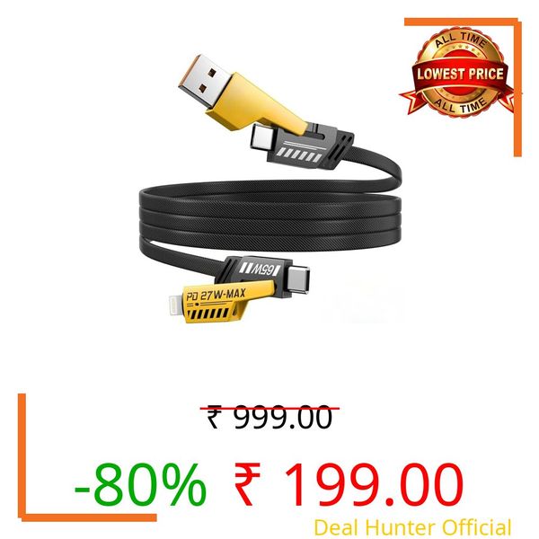 4 in 1 Braided Fast Charging Cable 65W | USB A + Type C to Type C, Lighting & Micro USB | PD Fast Charge Data Cable for iPhone, Samsung, One Plus, Android, iPad, Laptop