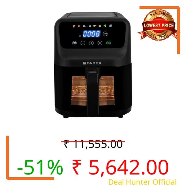 Faber 6L 1500W Digital Air Fryer | Fry, Bake, Roast | 85% Less Oil, 200°C Swirl Heating Technology |8-Preset Menu|View Window|Touch Control Interface| Auto Shut-Off |2 Yrs Comprehensive warranty|Black
