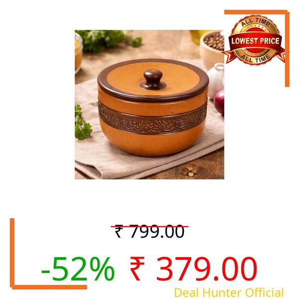 Saras Aajeevika 850ml Handmade Terracotta Handi with Lid |Handpainted Clay Pot for Serving Biryani, Curry, Gravy, Dal, Raita, Curd/Dahi Handi | Eco-Friendly Serveware Bowl for Kitchen & Dining Decor