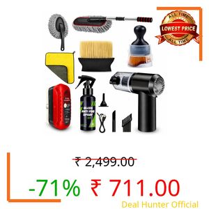 HARKOIZ 8 PCS Car Cleaning Kit Combo with Portable 120W Car Vacuum Cleaner | Complete Car Interior Cleaning Kit | Car Duster, Detailing Brush, Anti Fog Spray & Microfiber Cloth | Car Accessories Set