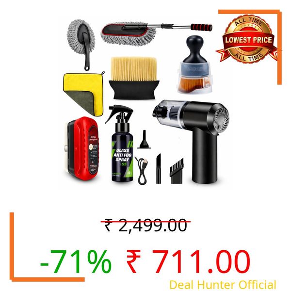 HARKOIZ 8 PCS Car Cleaning Kit Combo with Portable 120W Car Vacuum Cleaner | Complete Car Interior Cleaning Kit | Car Duster, Detailing Brush, Anti Fog Spray & Microfiber Cloth | Car Accessories Set