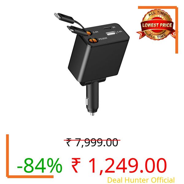 Retractable Car Charger - 4 in 1 Fast Car Charger with USB-C & Lightning Cables & Dual USB Ports (Type-C PD & USB-A), LED Indicator, Compatible with iPhone & Type-C Android Smartphones