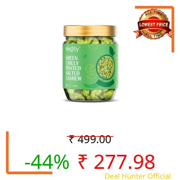 Elegity Green Chilli Roasted Cashews 250g | Spicy Masala Kaju Whole Nuts | Crunchy Salted Roasted Snack | Protein Rich Premium Dry Fruit | Healthy Gifting