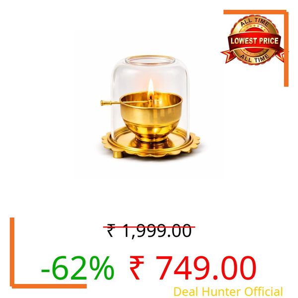 Kutti Nest Akhand Diya with Glass Cover & Adjustable Wick | Medium Size Brass Diya with Screw Thread Batti Control | Long-Burning Puja Lamp with Lid & Protective Chimney Premium Quality