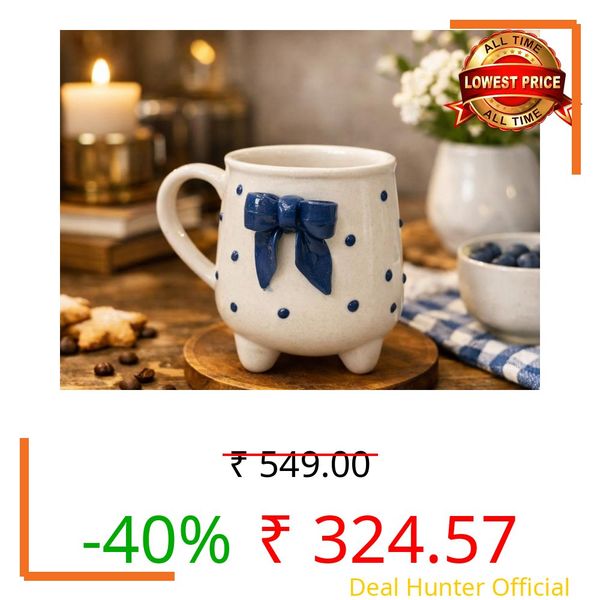 COSVAYA Ceramic Blue Bow Cup with Legs | Cute Designer Coffee Mug | Handcrafted Aesthetic Tea Cup | Microwave & Dishwasher Safe | Unique Gift Mug for Girls & Special Occasions