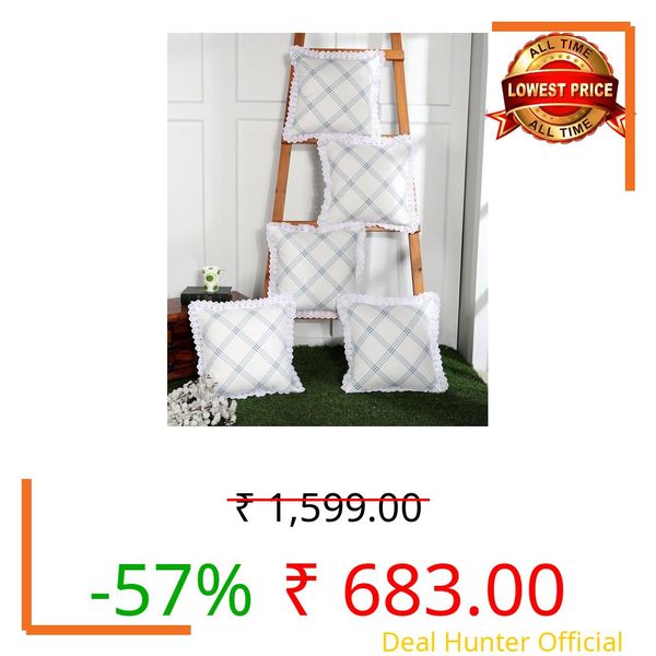 RD TREND® 310 TC Cotton Checked Cushion Covers 16x16 Inch Set of 5 | White Lace Border Decorative Throw Pillow Covers for Sofa, Bed & Living Room – White