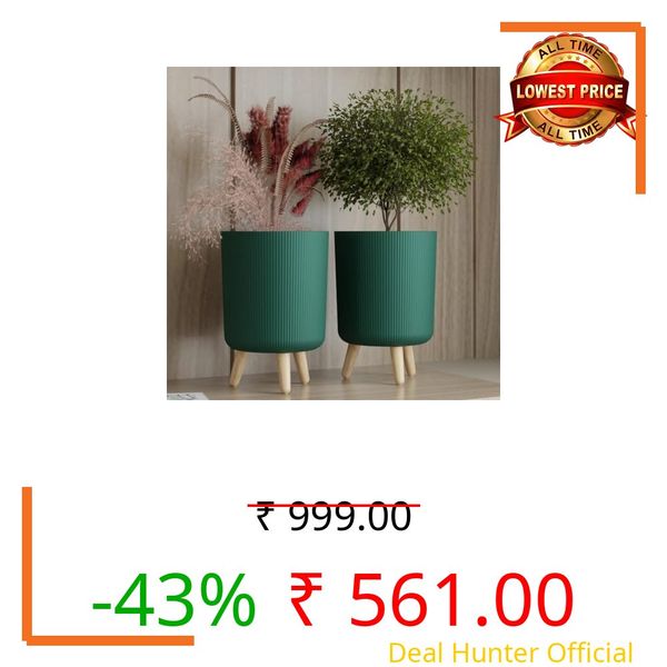 CHOTALIYA Modern White Flower Pot with Plastic Legs | Indoor Outdoor Planter for Home Garden Balcony Decor Ribbed Design Sturdy Plastic Mid-Century Style (Green Pack of 2)