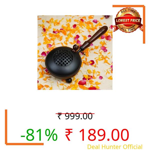 Brass Industry Metal Dhoop Dani Incense Burner with Wooden Handle, Loban Sambrani Holder Stand for Home Puja, Flower Cutout Design, Dhuni Burner, (Black Flate)